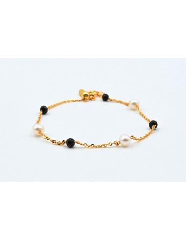 BLACK ONYX AND WHITE PEARL BRACELET SILVER 925- GOLD
