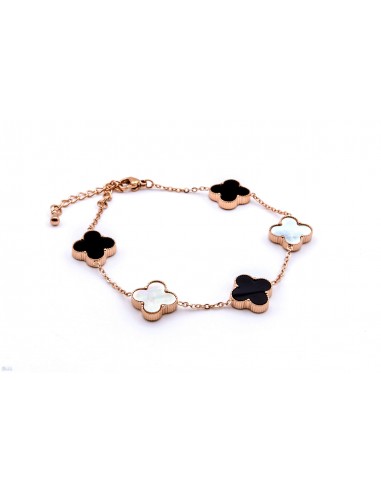 STAINLESS STEEL FLOWER BLACK ONYX AND WHITE FILDISI BRACELET.ROSE GOLD