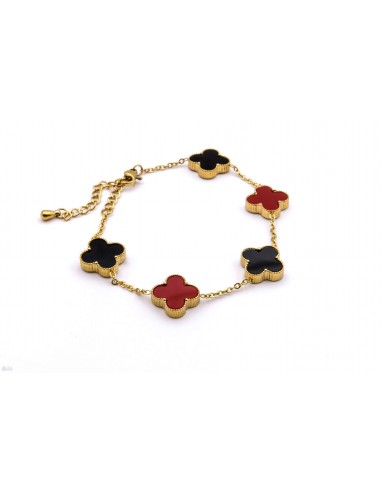 STAINLESS STEEL FLOWER BLACK ONYX AND RED CARNELIAN BRACELET.ROSE GOLD