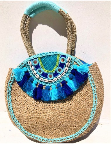 NATURAL BOHEMIAN BAG WITH BLUE TASSEL