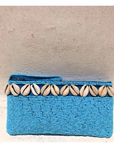 HANDMADE MEDIUM BEADED BAG IN TURQUOISE WITH SHELLS.