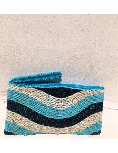 HANDMADE MEDIUM BEADED BAG IN TURQUOISE/BLACK/WHITE COLOR.