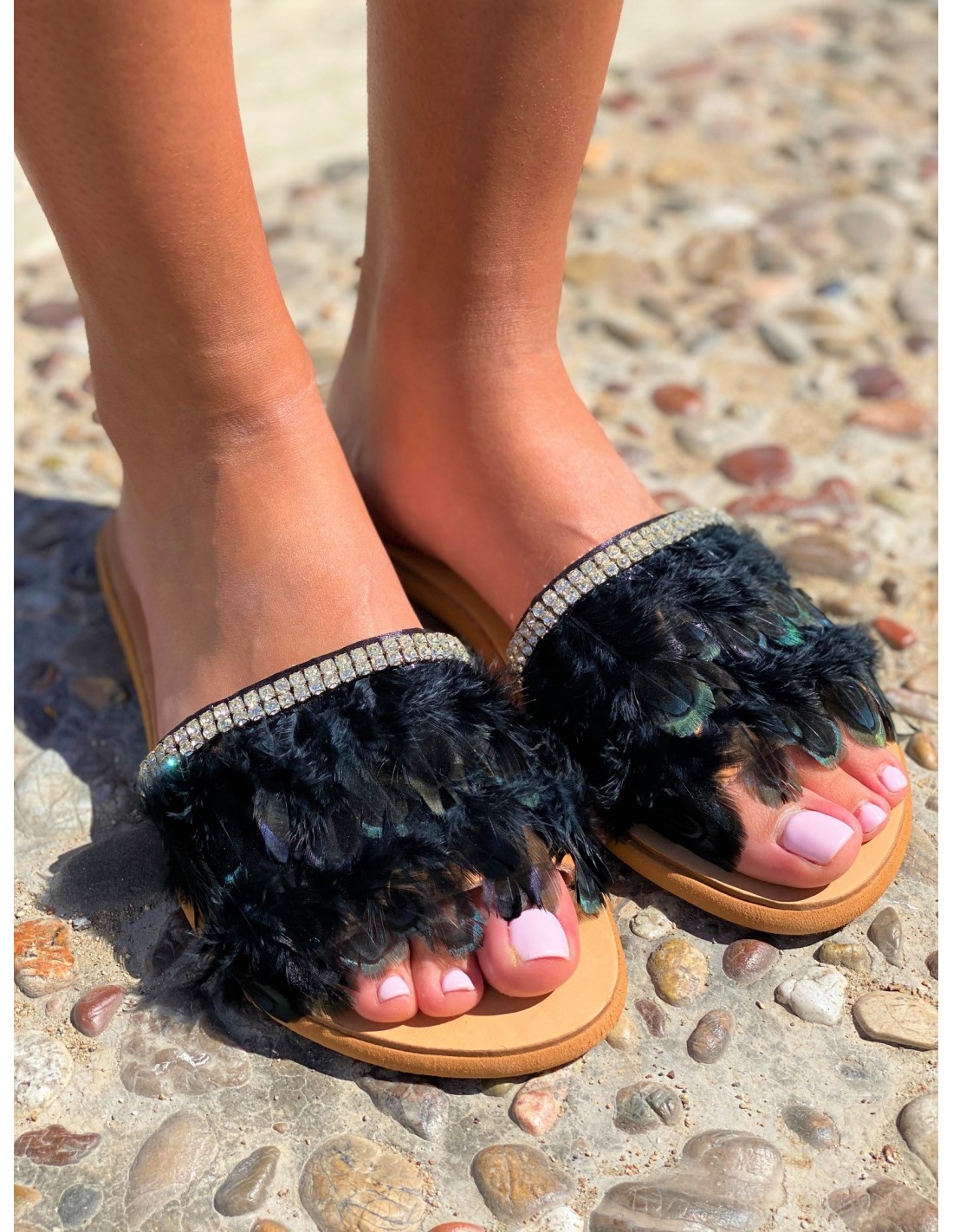 HANDMADE BOHO LEATHER SANDALS WITH FEATHERS AND SWAROFSKI. Choose Shoes Size 35