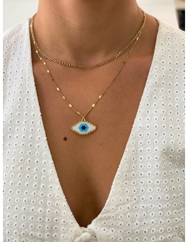 DOUBLE STAINLESS STEEL GOLD EVIL EYE NECKLACE .