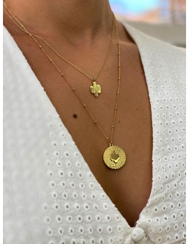DOUBLE STAINLESS STEEL GOLD CACTUS NECKLACE .