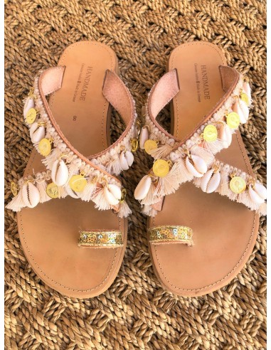 HANDMADE  BOHO LEATHER SANDALS WITH SHELLS AND COINS.
