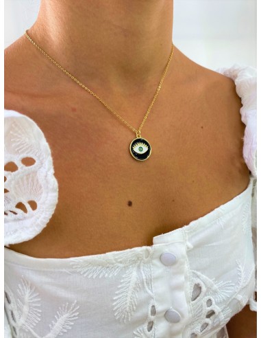 STAINLESS STEEL BLACK ENEMAL WITH EVIL EYE GOLD NECKLACE .