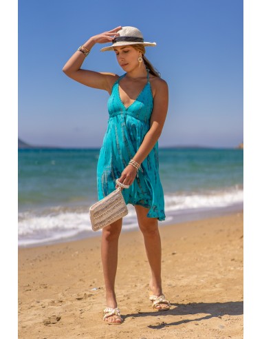 ARIA SEA BLUE EMBROIDERY BACKLESS SHORT DRESS