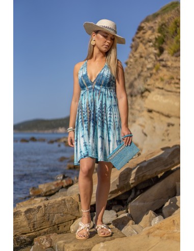 ARIA BLUE TIE DYE EMBROIDERY BACKLESS SHORT DRESS