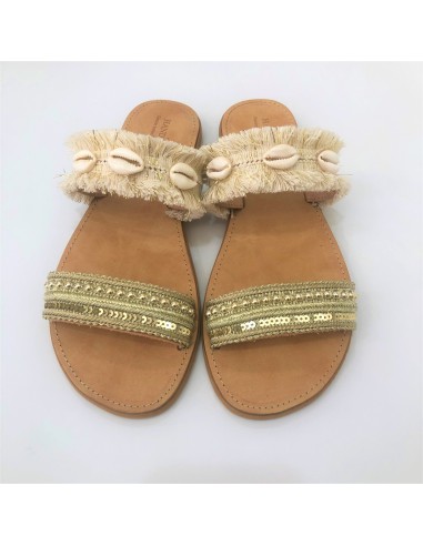 HANDMADE GOLD BOHO LEATHER SANDALS WITH SHELLS.